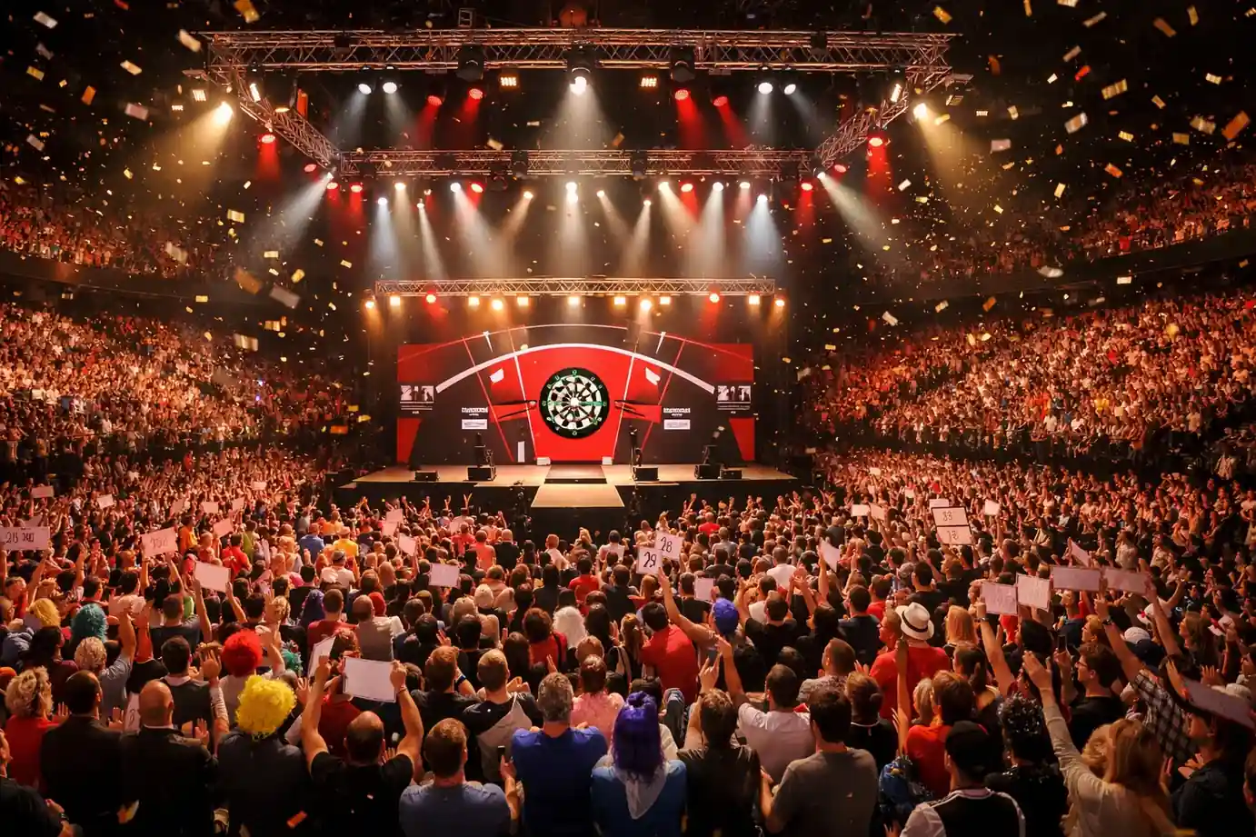 Begeistertes Publikum in einer vollen Darts-Arena bei einem PDC-Turnier