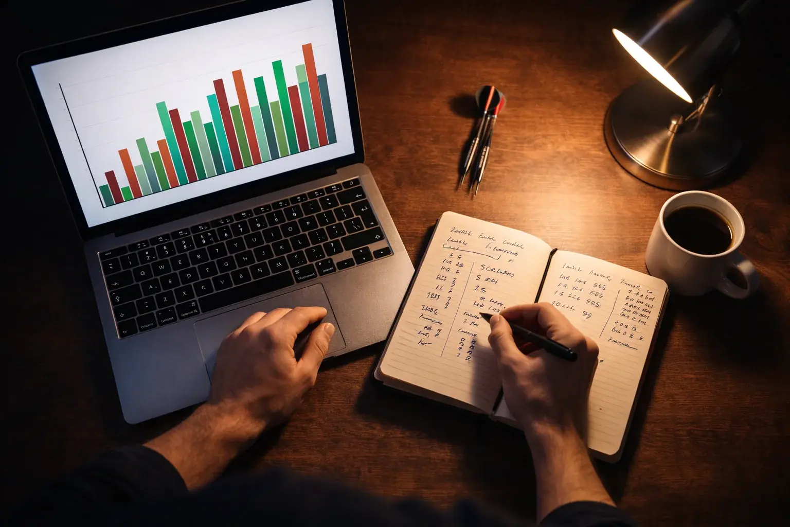 Person analysiert Darts-Statistiken mit Notizen und einem einfachen Balkendiagramm auf dem Bildschirm