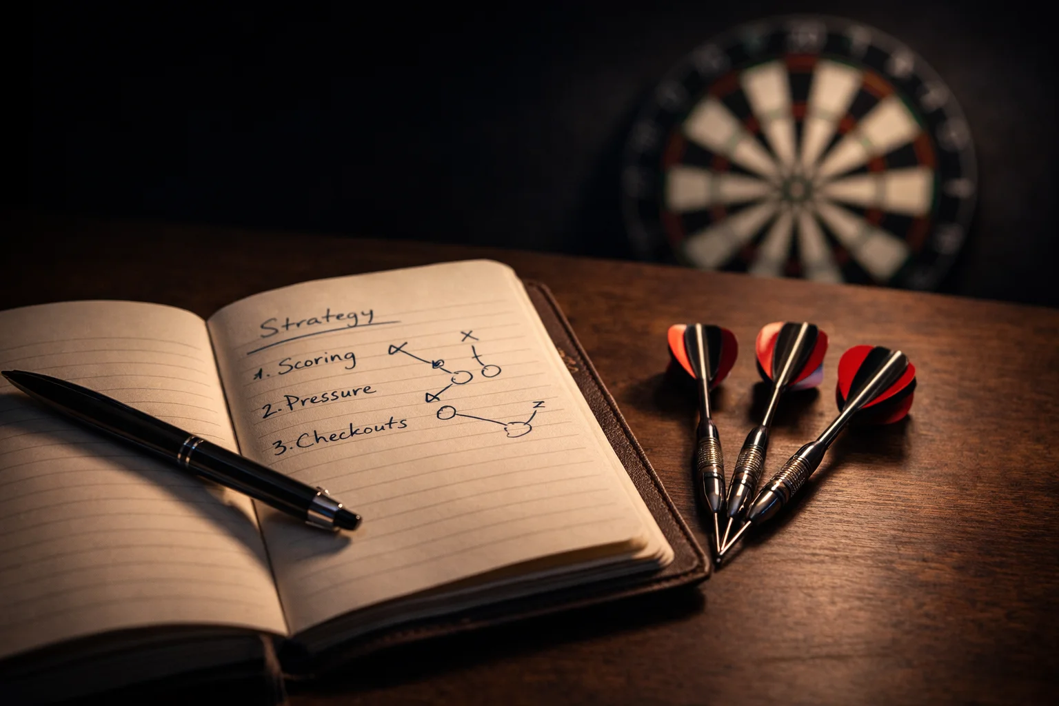 Notizbuch mit Wettstrategie-Plan neben Darts-Pfeilen auf einem Holztisch